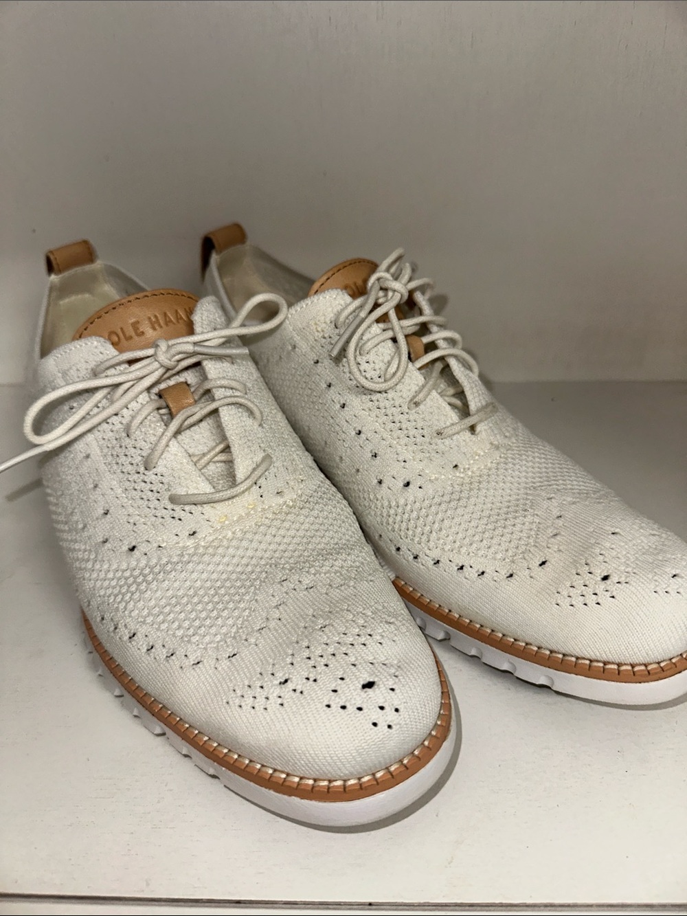 Cole Haan White Knit Oxfords with Tan Leather Trim
